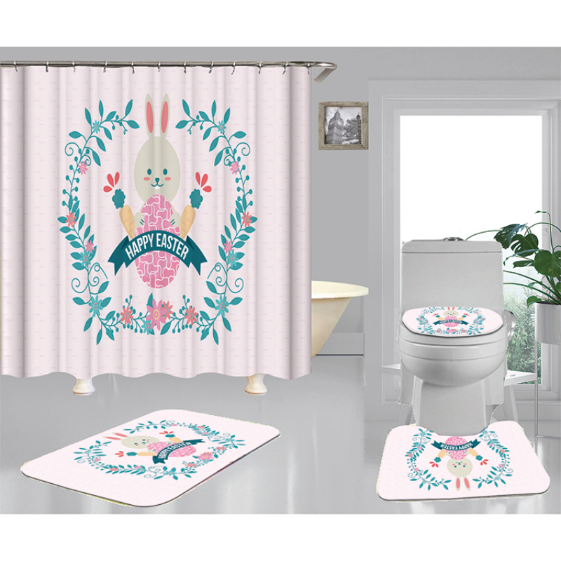 Happy Easter Shower Curtain With Bath Rug Sets, Rabbit Pattern Bathroom Curtains Set Shower/