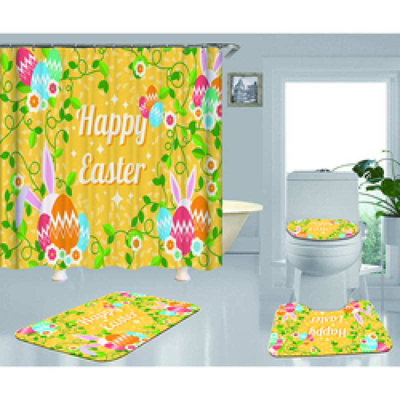 Happy Easter Shower Curtain With Bath Rug Sets, Rabbit Pattern Bathroom Curtains Set Shower/