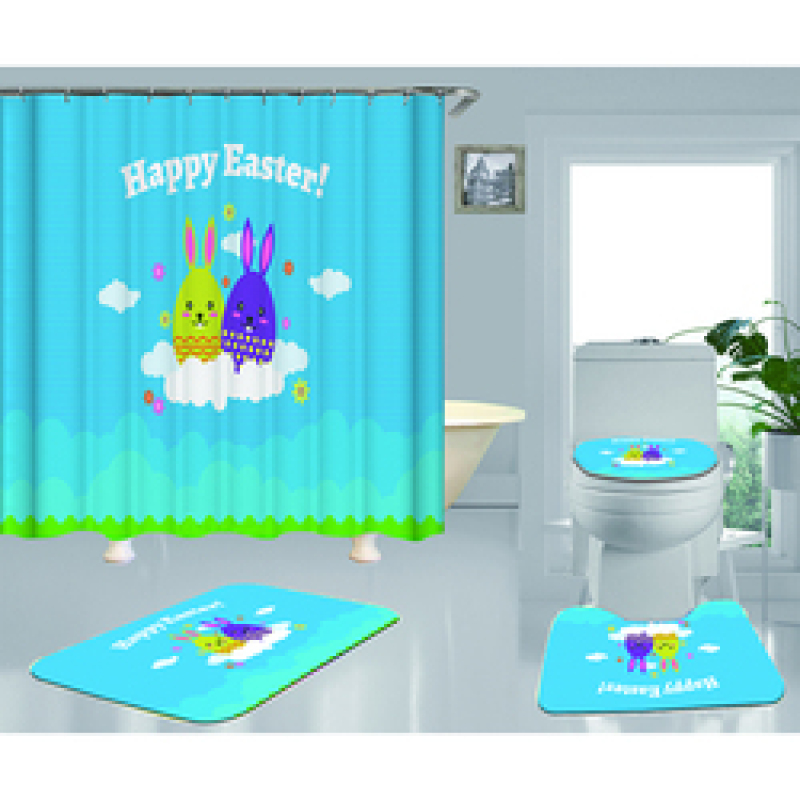 Happy Easter Shower Curtain With Bath Rug Sets, Rabbit Pattern Bathroom Curtains Set Shower/