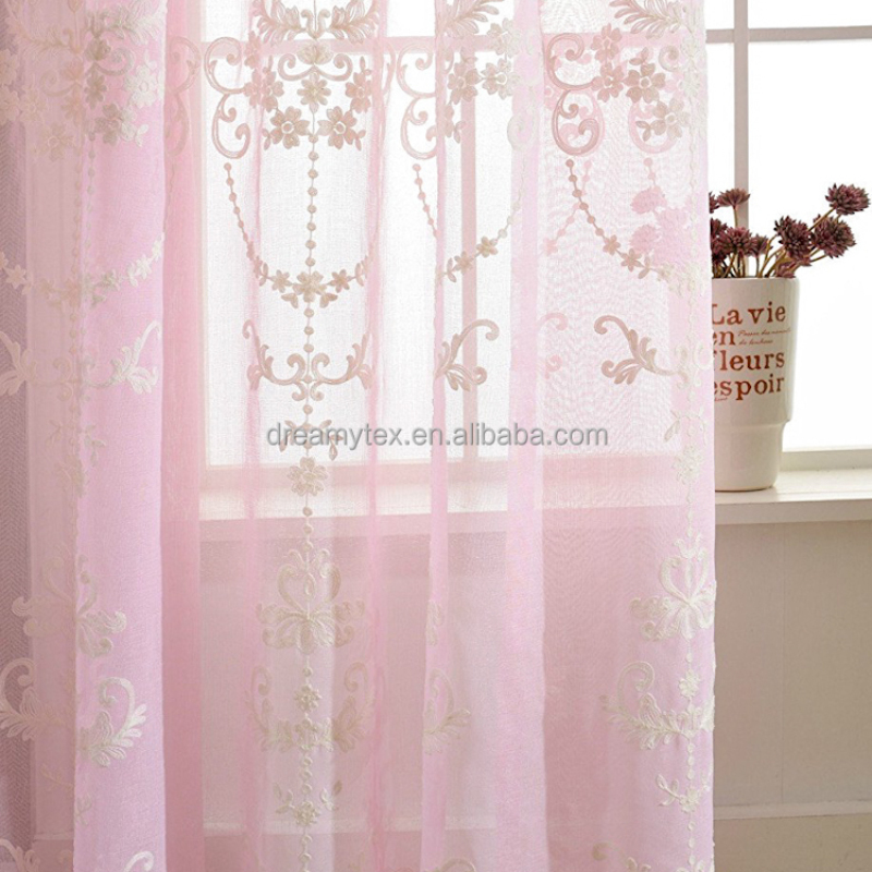 Textiles luxury 100% polyester embroidered pink organza sheer tulle curtain
