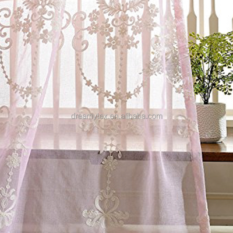Textiles luxury 100% polyester embroidered pink organza sheer tulle curtain