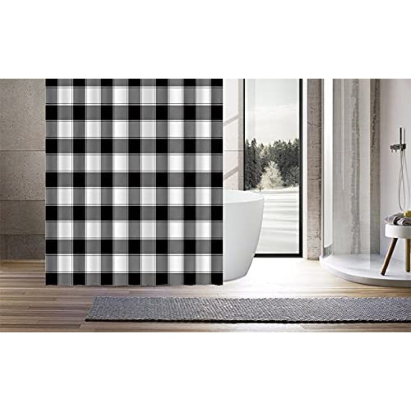 Black and White Gray Grid Shower Curtain Set with Hooks Unique Bath Accessories Waterproof Polyester Fabric Bathroom Decor