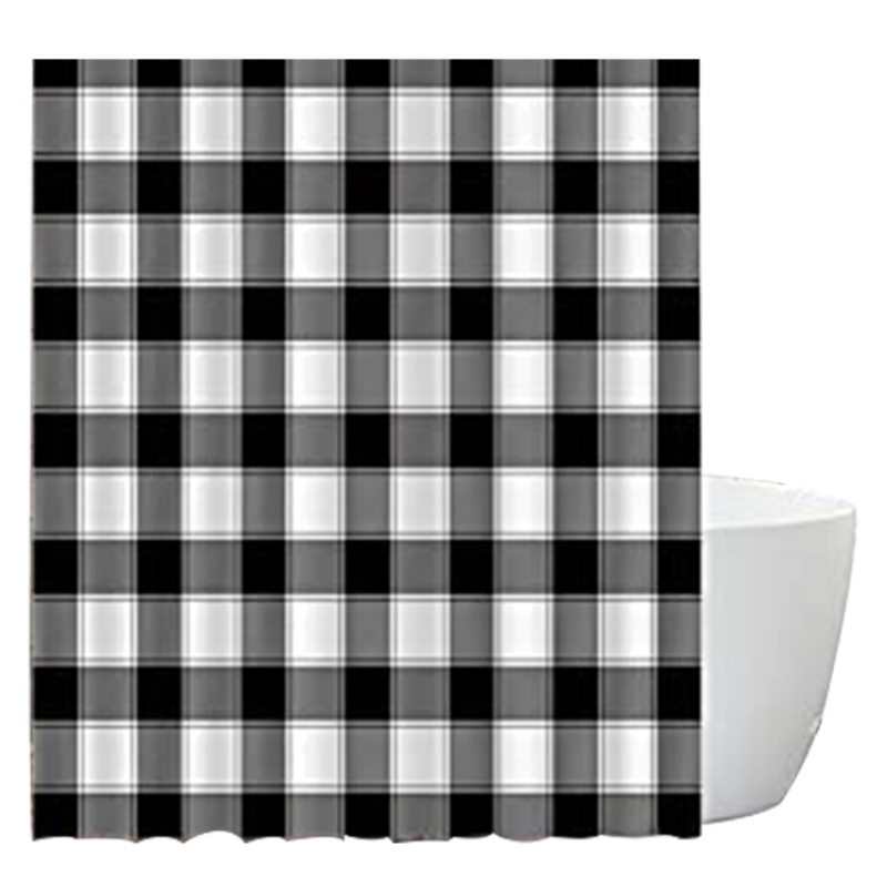 Black and White Gray Grid Shower Curtain Set with Hooks Unique Bath Accessories Waterproof Polyester Fabric Bathroom Decor