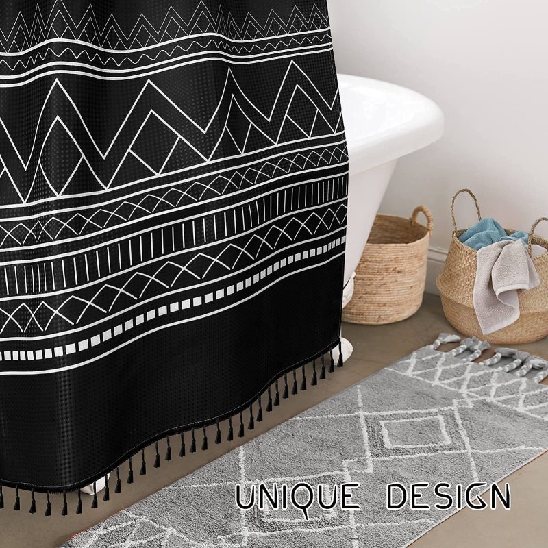 Waterproof Waffle Shower Curtain With 12 Hooks, Polyester Bathroom Curtains With Tassel$