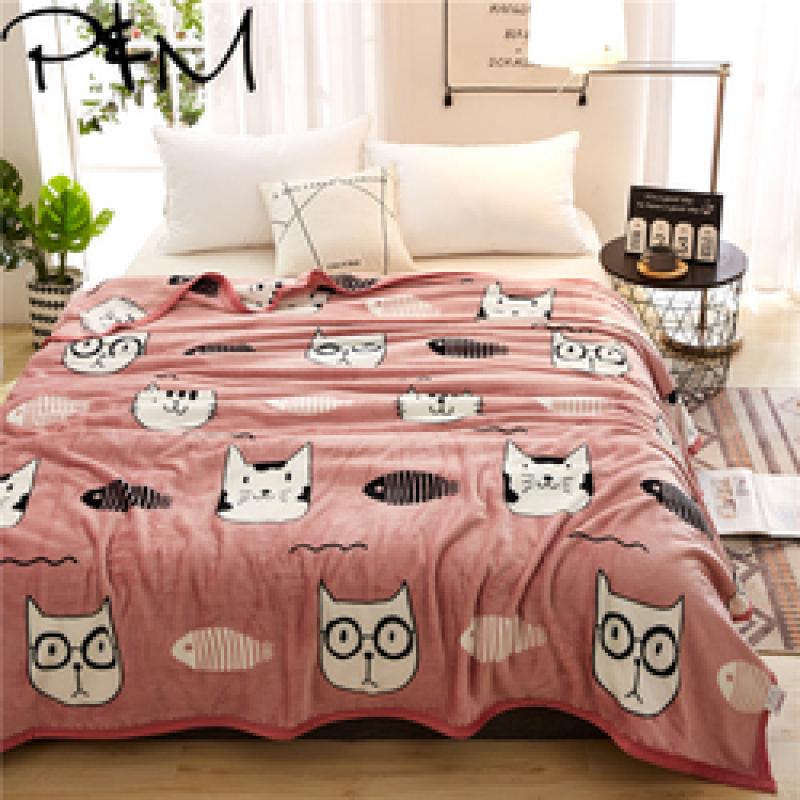 Papa&Mima Cat And Fish Bones Print Summer Throw Blankets Coral Fleece Plaids Multisize Bedsheet Multifunctional Bedspread