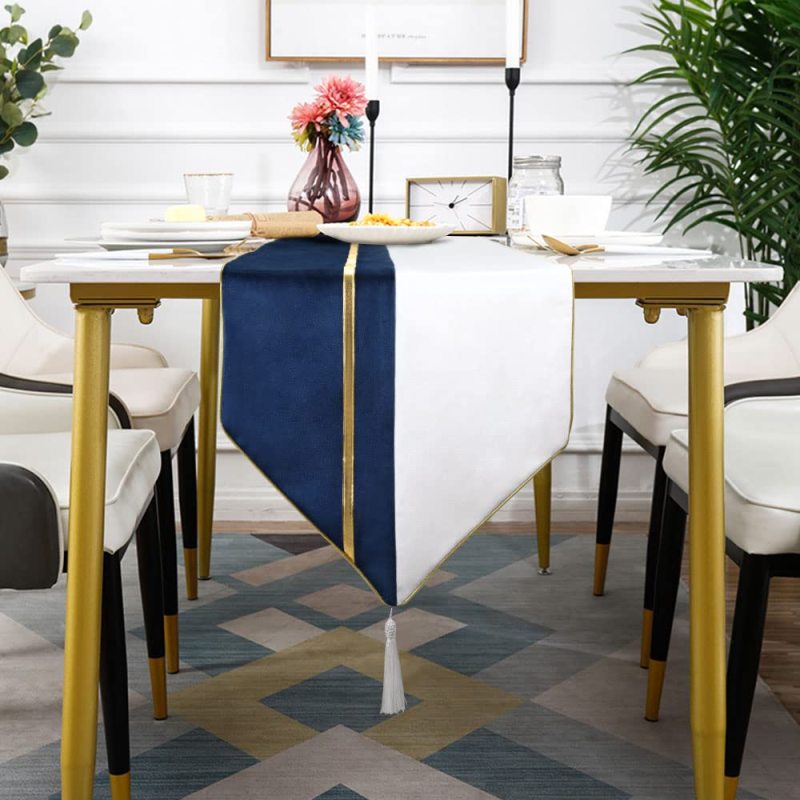 Wholesale Blue Gold Velvet Soft Modern with Tassels Elegant Washable custom table runner For Wedding Party Kitchen