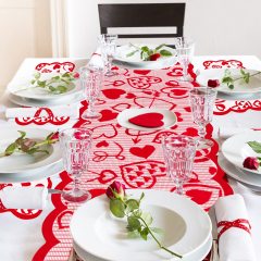 Valentines Day 5 Pack Table Runner Table Mat Sets, Red Lace Heart Tablecloth and Placemats Set#