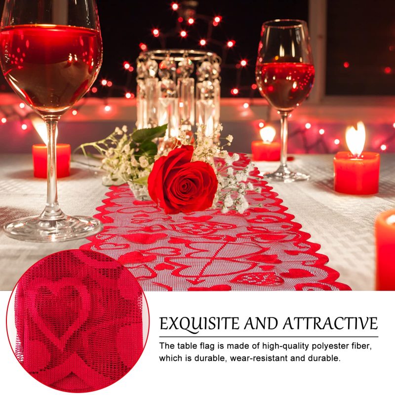 Valentines Day 5 Pack Table Runner Table Mat Sets, Red Lace Heart Tablecloth and Placemats Set#