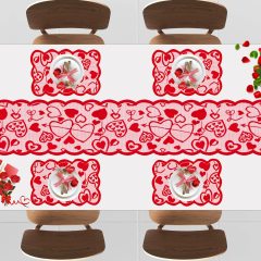 Valentines Day 5 Pack Table Runner Table Mat Sets, Red Lace Heart Tablecloth and Placemats Set#