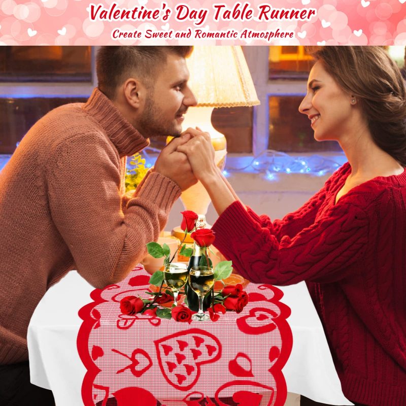 Valentines Day 5 Pack Table Runner Table Mat Sets, Red Lace Heart Tablecloth and Placemats Set#