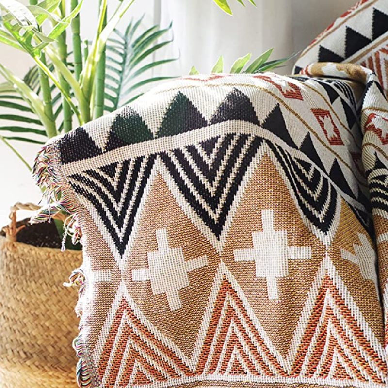 Boho Sofa Throw Blanket Knitted Cotton Sofa Cover Demon Eye Weighted Tapestry Bohemian Tassel Boho Wall Deco Picnic Rug Blankets