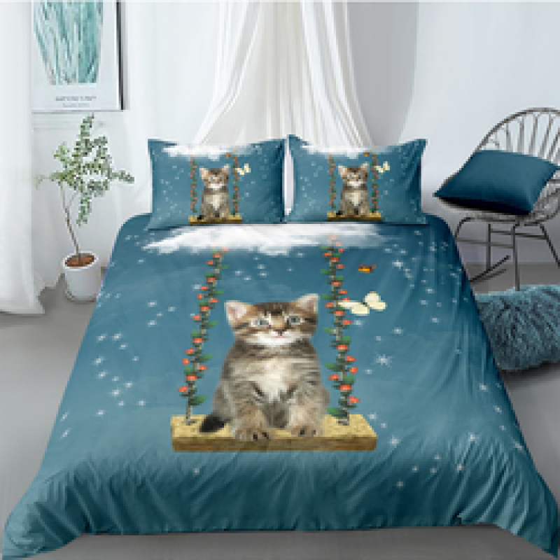 Cute Cat And Dog 4 Pcs 3D Bedding Set, 4Pc King Size Polyester Bedding Set/