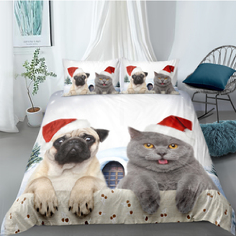 Cute Cat And Dog 4 Pcs 3D Bedding Set, 4Pc King Size Polyester Bedding Set/