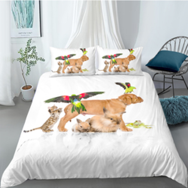 Cute Cat And Dog 4 Pcs 3D Bedding Set, 4Pc King Size Polyester Bedding Set/