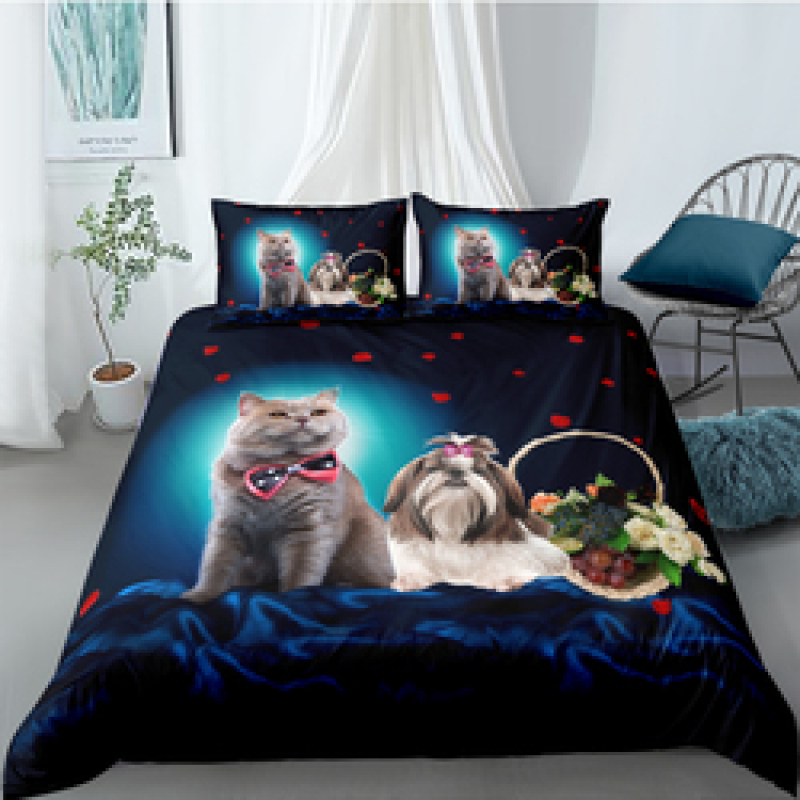 Cute Cat And Dog 4 Pcs 3D Bedding Set, 4Pc King Size Polyester Bedding Set/