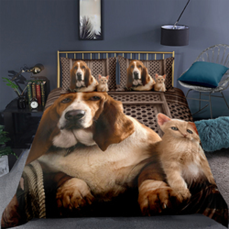 Cute Cat And Dog 4 Pcs 3D Bedding Set, 4Pc King Size Polyester Bedding Set/