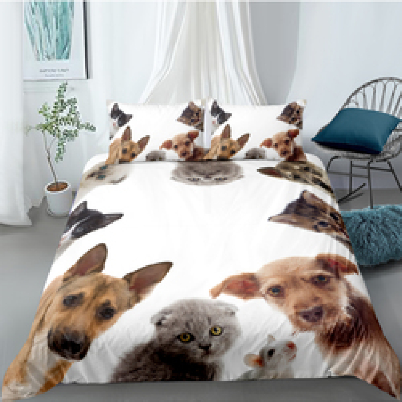 Cute Cat And Dog 4 Pcs 3D Bedding Set, 4Pc King Size Polyester Bedding Set/