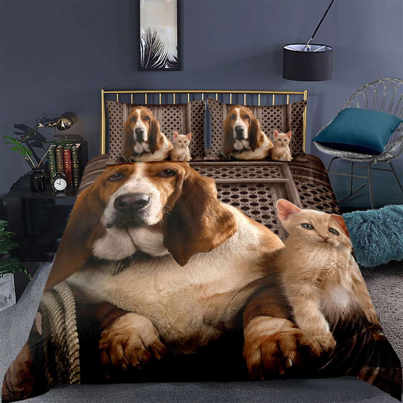 Cute Cat And Dog 4 Pcs 3D Bedding Set, 4Pc King Size Polyester Bedding Set/