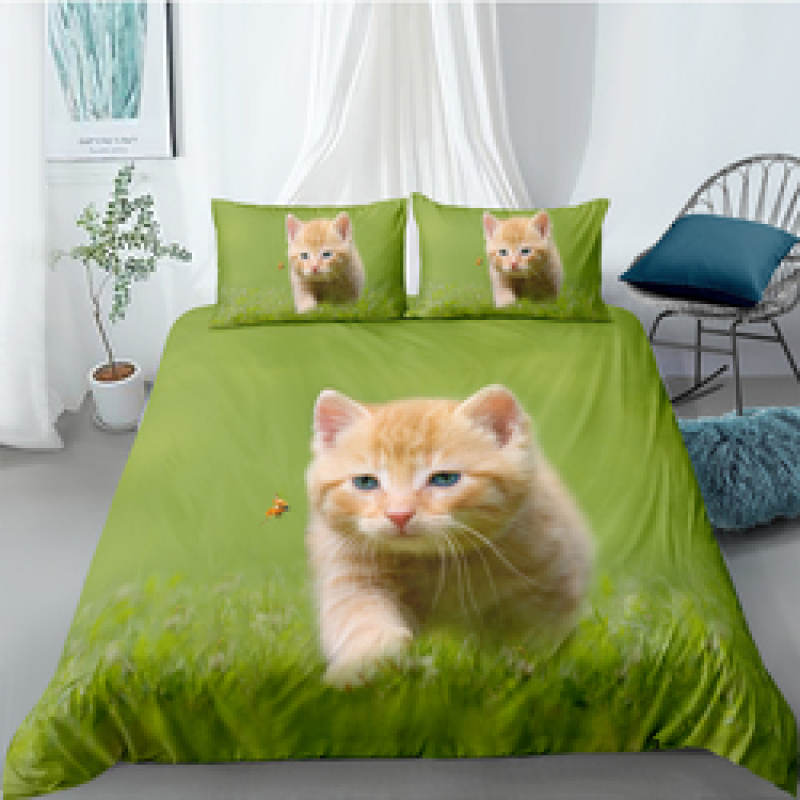 Cute Cat And Dog 4 Pcs 3D Bedding Set, 4Pc King Size Polyester Bedding Set/