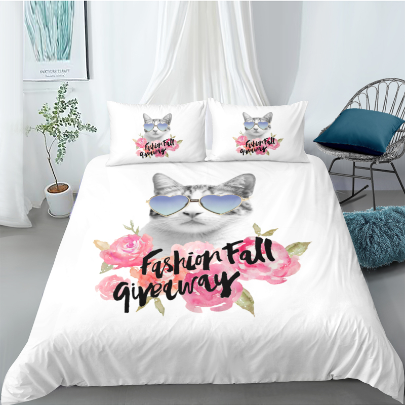 Cute Cat And Dog 4 Pcs 3D Bedding Set, 4Pc King Size Polyester Bedding Set/