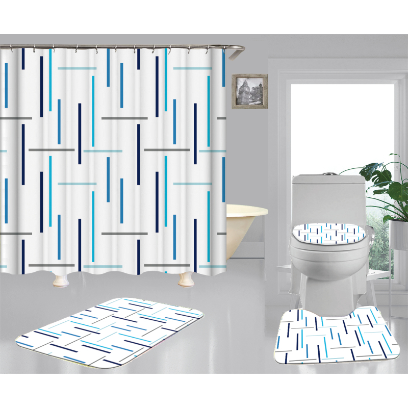 Hot Sell Blue Stripes Classic Design 100%Polyester Shower Curtain, Waterproof Digital Printed Bathroom Curtain Set/
