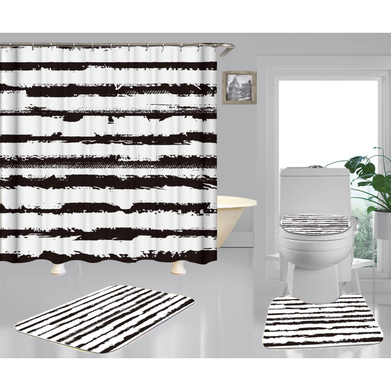 Hot Sell Blue Stripes Classic Design 100%Polyester Shower Curtain, Waterproof Digital Printed Bathroom Curtain Set/