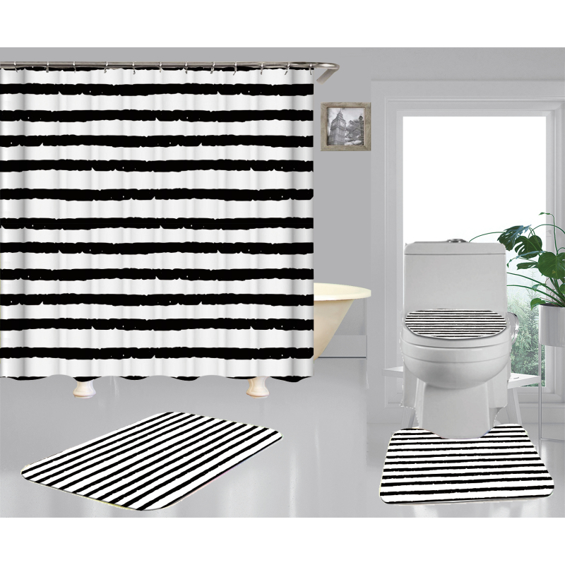 Hot Sell Blue Stripes Classic Design 100%Polyester Shower Curtain, Waterproof Digital Printed Bathroom Curtain Set/