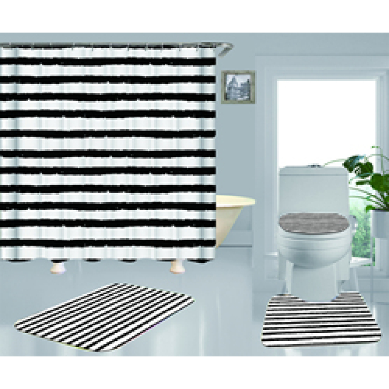 Hot Sell Blue Stripes Classic Design 100%Polyester Shower Curtain, Waterproof Digital Printed Bathroom Curtain Set/