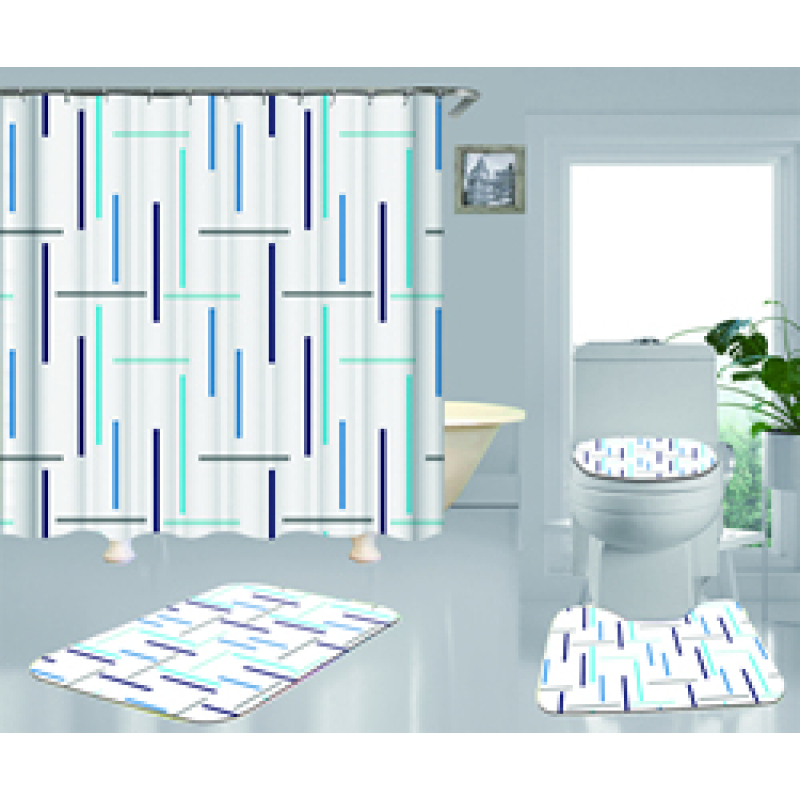 Hot Sell Blue Stripes Classic Design 100%Polyester Shower Curtain, Waterproof Digital Printed Bathroom Curtain Set/