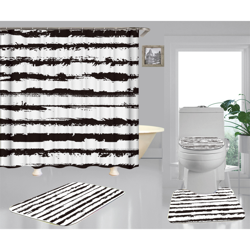 Hot Sell Blue Stripes Classic Design 100%Polyester Shower Curtain, Waterproof Digital Printed Bathroom Curtain Set/