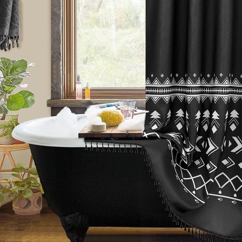 Waffle Waterproof Polyester Shower Curtain, Printing Bathroom Shower Curtain with Tassel$