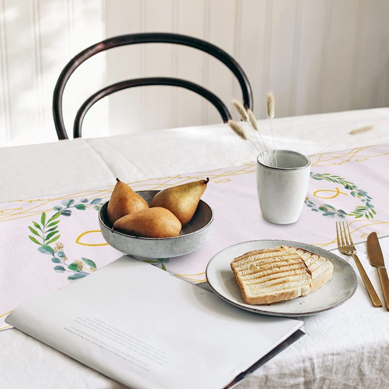 270 x 30 cm Table Runner Tablecloth, Jute Table Cover Boy Girl White Golden Fish in Wreath#