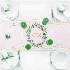 270 x 30 cm Table Runner Tablecloth, Jute Table Cover Boy Girl White Golden Fish in Wreath#