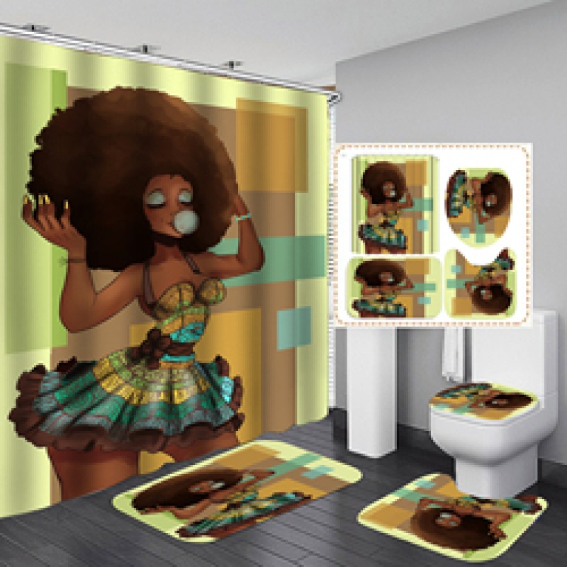 Hot Sell African Women Bath Waterproof Shower Curtain, Digital Print Polyester Non-Slip Rug Toilet Lid Cover Shower Curtain Set/