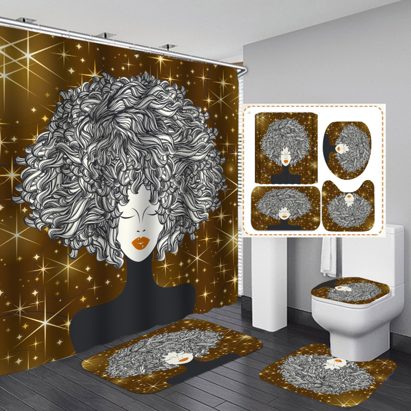 Hot Sell African Women Bath Waterproof Shower Curtain, Digital Print Polyester Non-Slip Rug Toilet Lid Cover Shower Curtain Set/