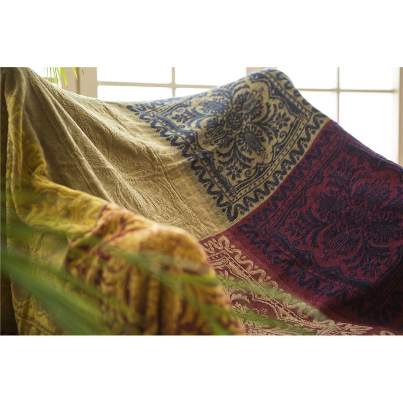 Ethnic Bohemian Grid Yarn-dyed Knitted Chenille sofa cover Blanket Towel Bed wall  Decor slipcover Travel picnic pad mat /