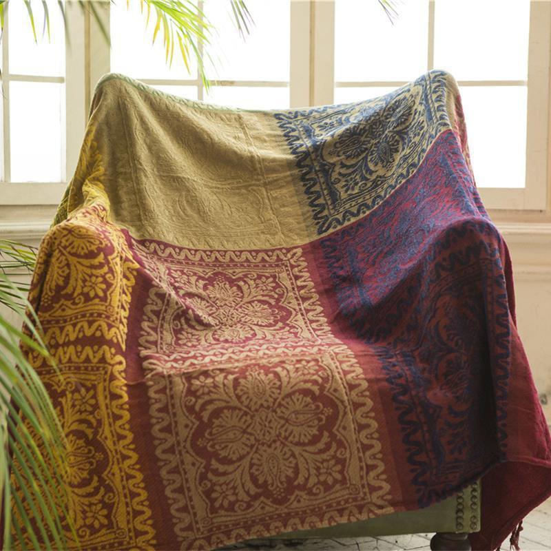 Ethnic Bohemian Grid Yarn-dyed Knitted Chenille sofa cover Blanket Towel Bed wall  Decor slipcover Travel picnic pad mat /