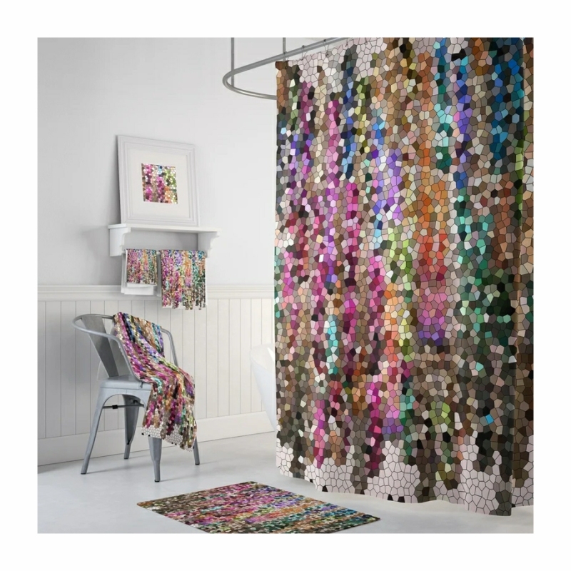Jewel Tone Color Pigment Check Shower Curtain Set, Mosaic Waterproof Fabric Shower Curtain Set/
