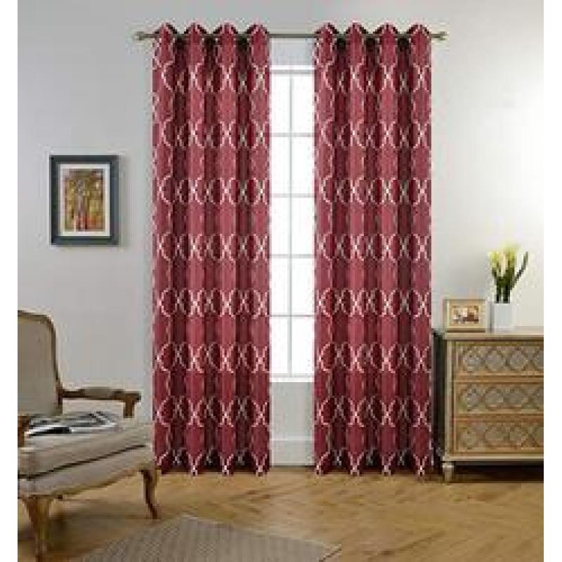 Moroccan Faux Linen Grommet Window Living Room Embroidered Semi Sheer Curtains