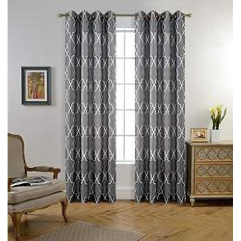 Moroccan Faux Linen Grommet Window Living Room Embroidered Semi Sheer Curtains