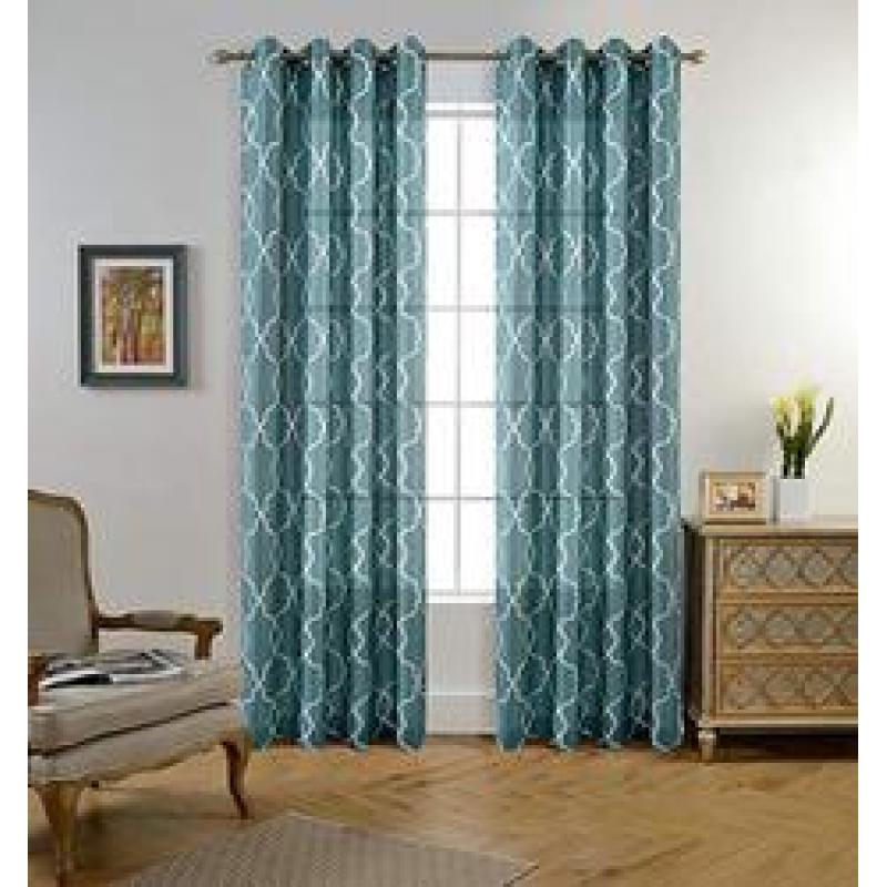 Moroccan Faux Linen Grommet Window Living Room Embroidered Semi Sheer Curtains