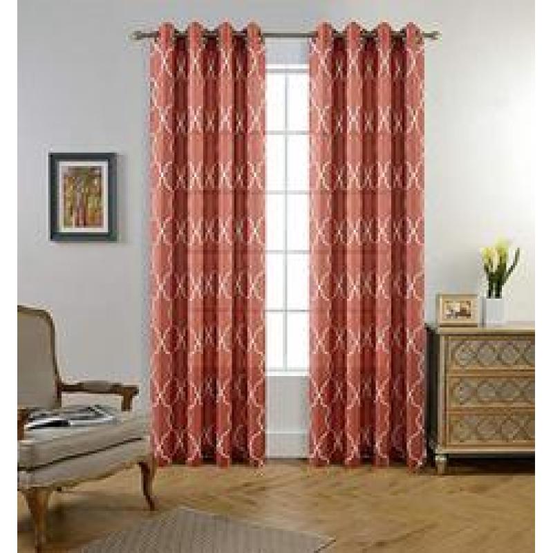 Moroccan Faux Linen Grommet Window Living Room Embroidered Semi Sheer Curtains