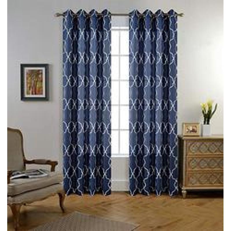Moroccan Faux Linen Grommet Window Living Room Embroidered Semi Sheer Curtains