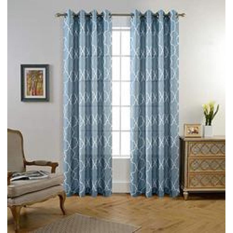 Moroccan Faux Linen Grommet Window Living Room Embroidered Semi Sheer Curtains