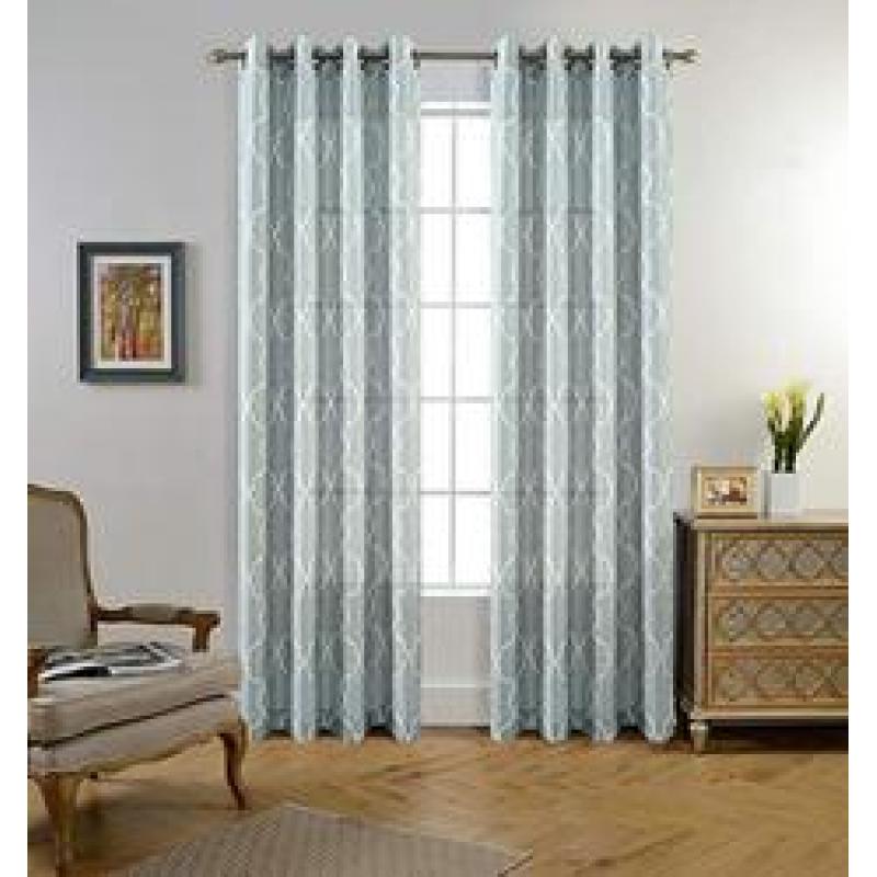 Moroccan Faux Linen Grommet Window Living Room Embroidered Semi Sheer Curtains
