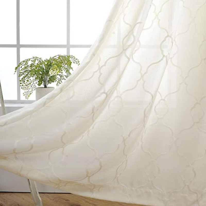Moroccan Faux Linen Grommet Window Living Room Embroidered Semi Sheer Curtains