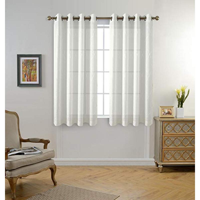 Moroccan Faux Linen Grommet Window Living Room Embroidered Semi Sheer Curtains