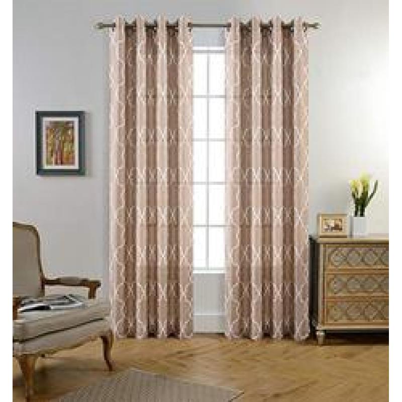 Moroccan Faux Linen Grommet Window Living Room Embroidered Semi Sheer Curtains