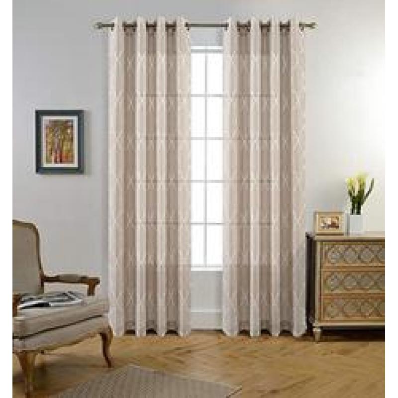 Moroccan Faux Linen Grommet Window Living Room Embroidered Semi Sheer Curtains