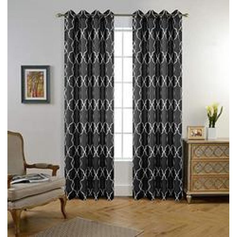 Moroccan Faux Linen Grommet Window Living Room Embroidered Semi Sheer Curtains